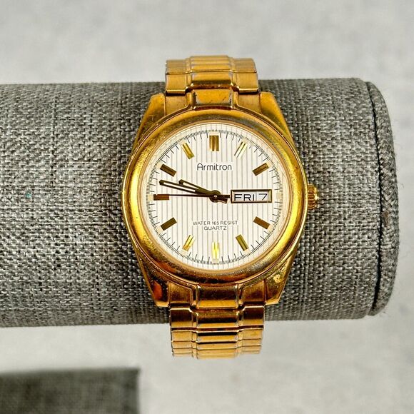 Armiton Watch Mens 35mm Day Date White Dial Gold Tone Expansion New Battery - Picture 1 of 11